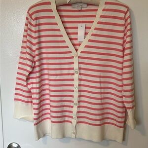 LOFT Warm Pink & Cream Striped Button Front Cardigan – NWT – Size XL